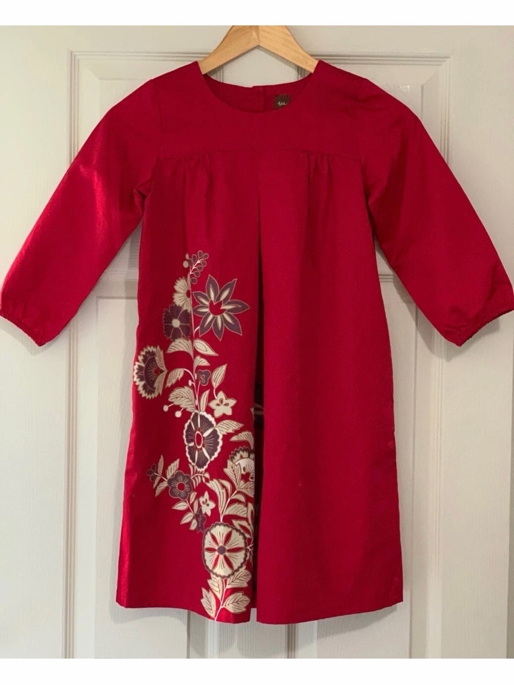 Tea Collection Girls 👧🏻 Red Dress 👗 with Purple Gold & Ivory Flowers 🌺 Sz 6